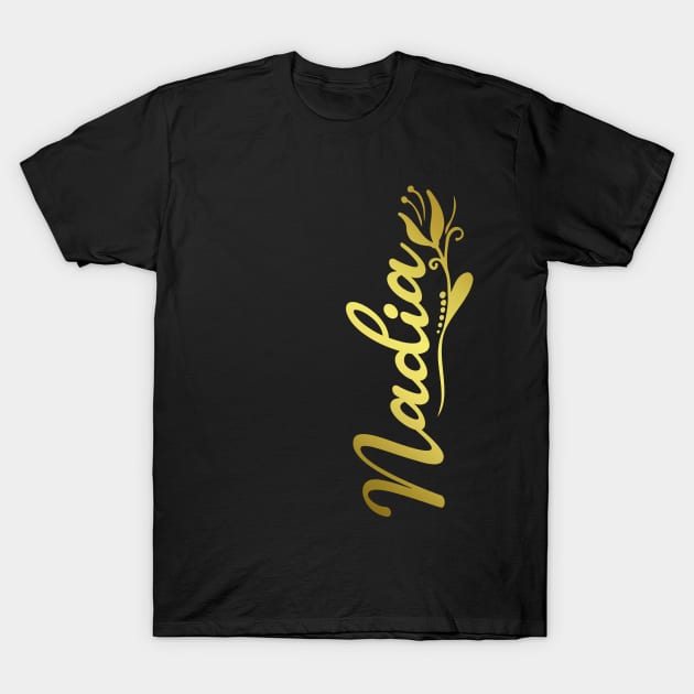 Nadia Name Faux Gold Yellow Tulip Flourish T-Shirt by xsylx